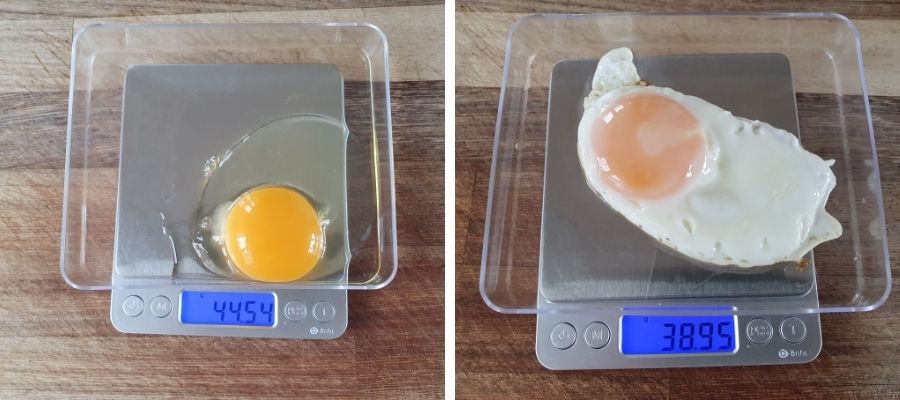 small fried egg before and after cooking