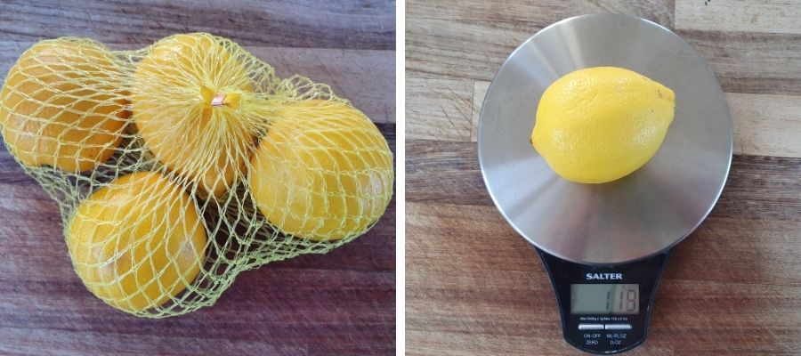 image to show the size of an average lemon and that it weighs around 120g on a scale