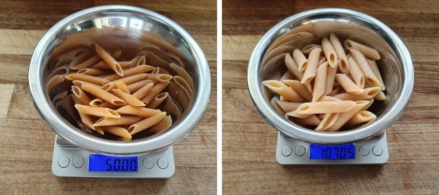 Brown Penne Pasta before and after cooking in weight