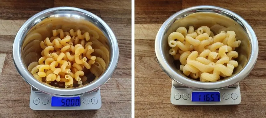 Spiral Pasta before and after cooking in weights