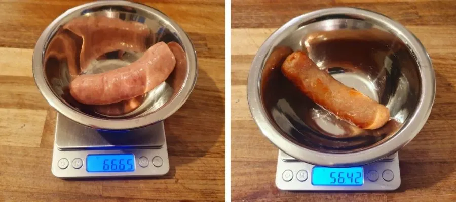 before and after cooking butchers sausage