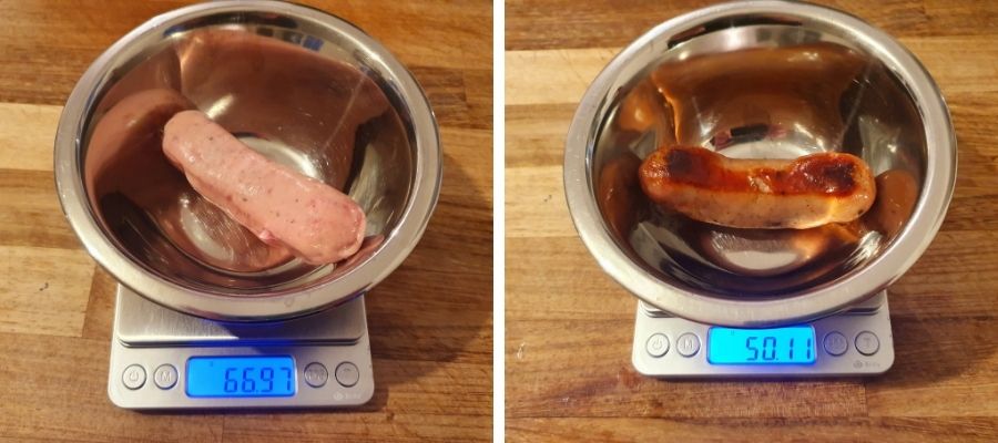 before and after cooking high meat sausage