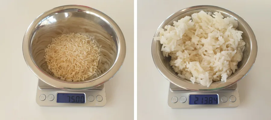 white Rice before and after cooking