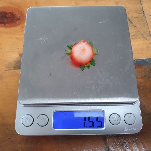 strawberry hull on a scale to show how much the waste part of a strawberry weighs