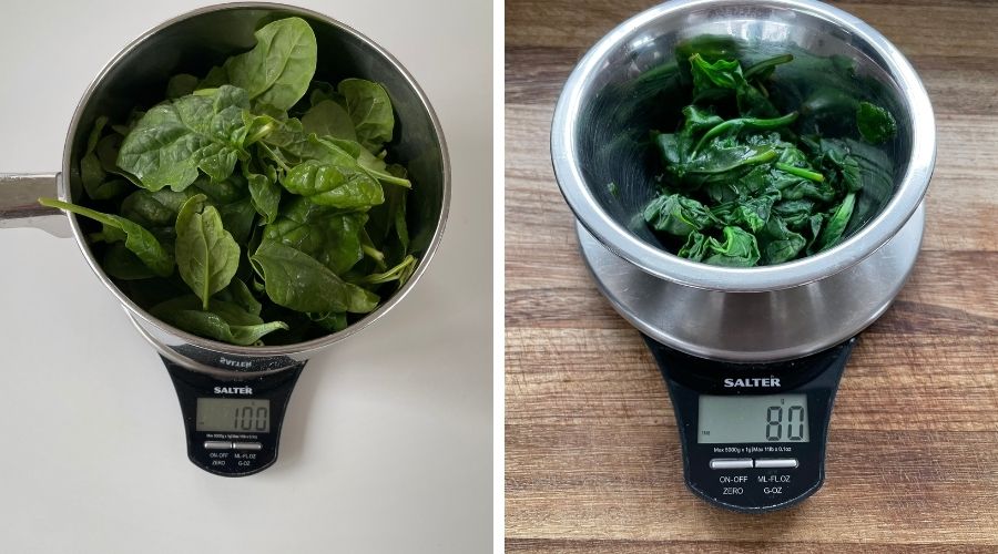 what 100g of spinach looks like before and after cooking