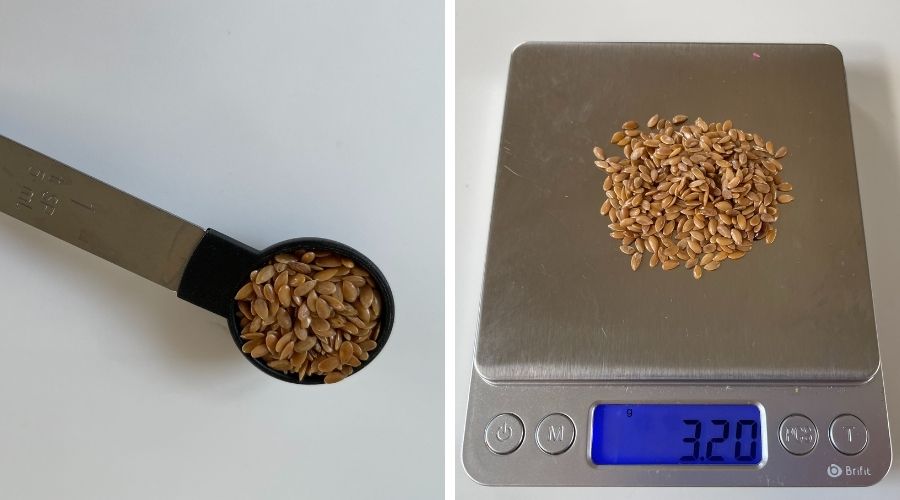 image to show a level teaspoon of flax seed on a scale that weighs 3g