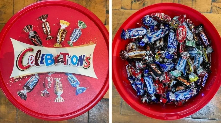 image to show what a tub of Mars Celebrations looks like from the outside and without the lid