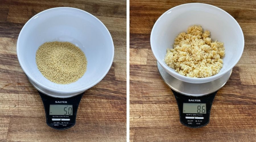 Image to show 50g of couscous on a scale before cooking and the same couscous weighing 86g after cooking