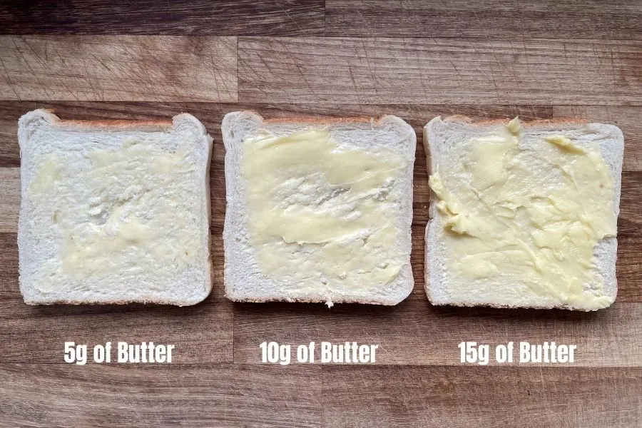 what an average slice of bread looks like with 5, 10 and 15g of butter when spread