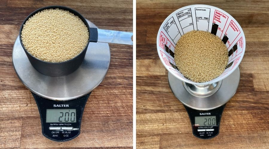 image to show two different US cups of dry couscous on a scale weighing 200g per cup