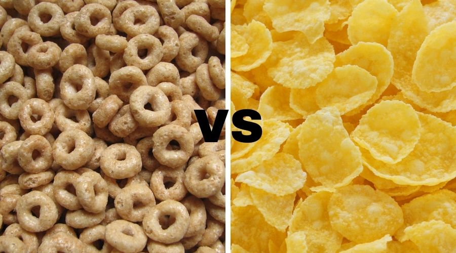 image to show cheerios on the left & corn flakes on the right with vs in the middle