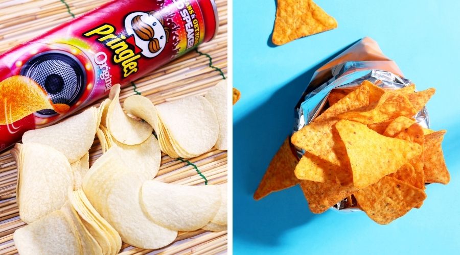 pack of pringles on the left and doritos on the right to show the difference