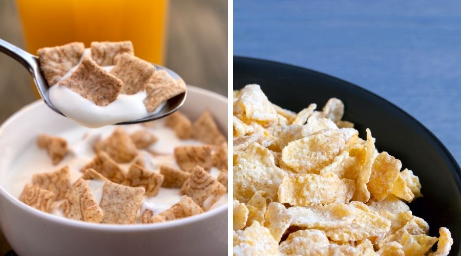 a bowl of cinnamon toast crunch on the left and frosted flakes on the right to show the difference between the two
