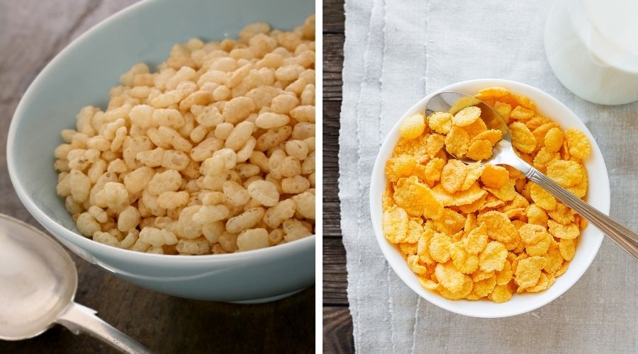 rice krispies on the left and corn flakes on the right to show the difference between the two
