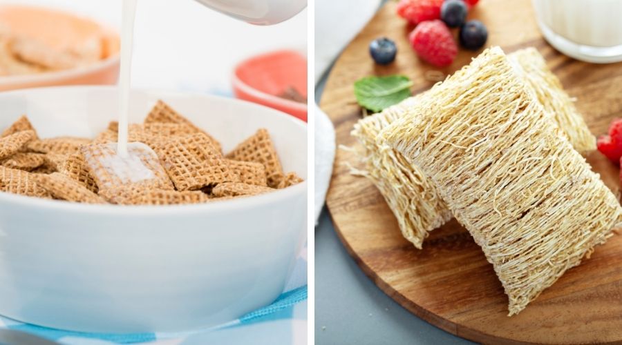 Nestle Shreddies on the left and Shredded wheat on the right to show the difference between the two