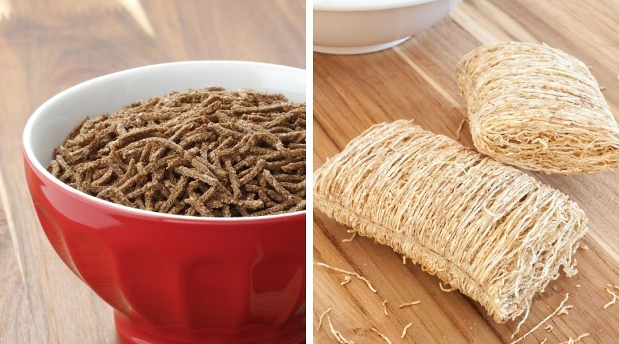 a bowl of all-bran on the left and shredded wheat on the right to show the difference between the two
