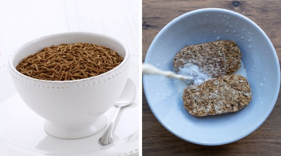 a bowl of all-bran on the left and weetabix on the right to show the difference between the two