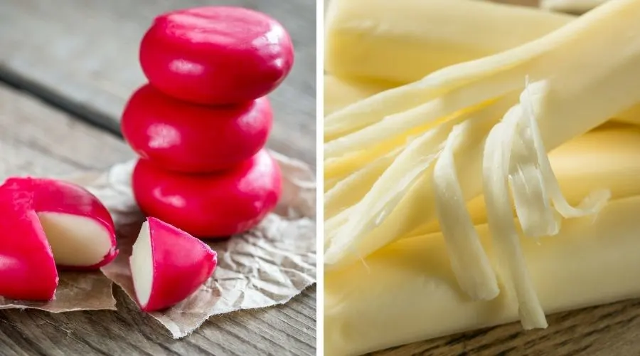 babybel cheese on the left and cheestrings on the right to show the two cheeses that are being compared