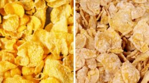 cornflakes on the left and frosted flakes on the left to show the difference between the two