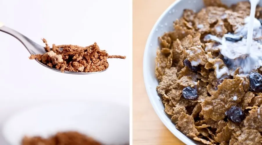 Fiber One cereal on the left and Raisin Bran on the right, to show the difference between the two