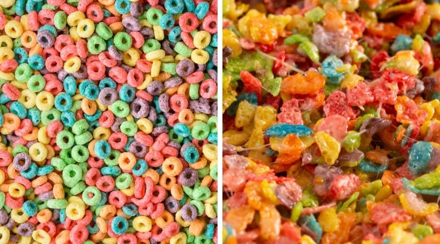 froot loops on the left and fruity pebbles on the right to show a comparison between the two cereals