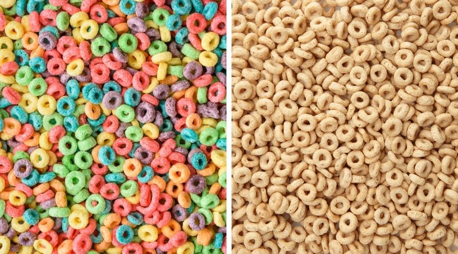 froot loops on the left and cheerios on the right to show the difference between the two products