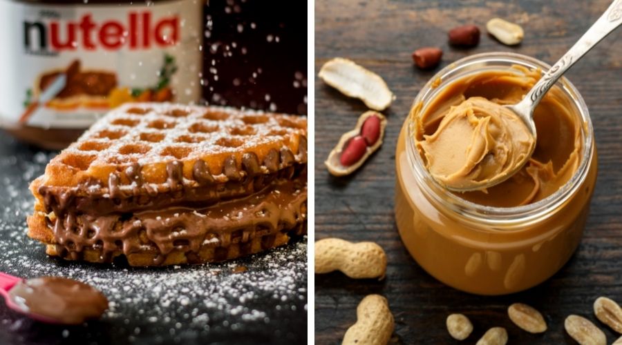 nutella on the left and a jar of peanut butter on the right to show the difference between the two