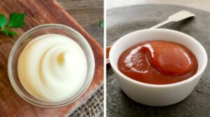bowl of mayo on the left and ketchup on the right to show the difference