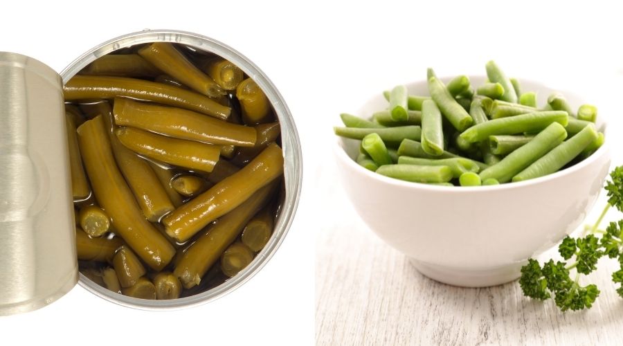 canned green beans on the left and fresh on the right to show the difference