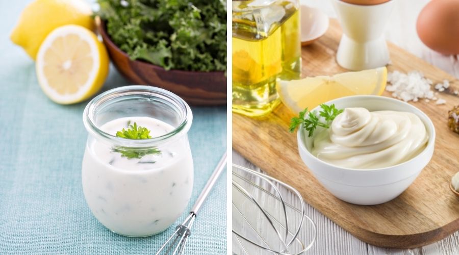 ranch dressing on the left and mayonnaise on the right to show the difference between the two