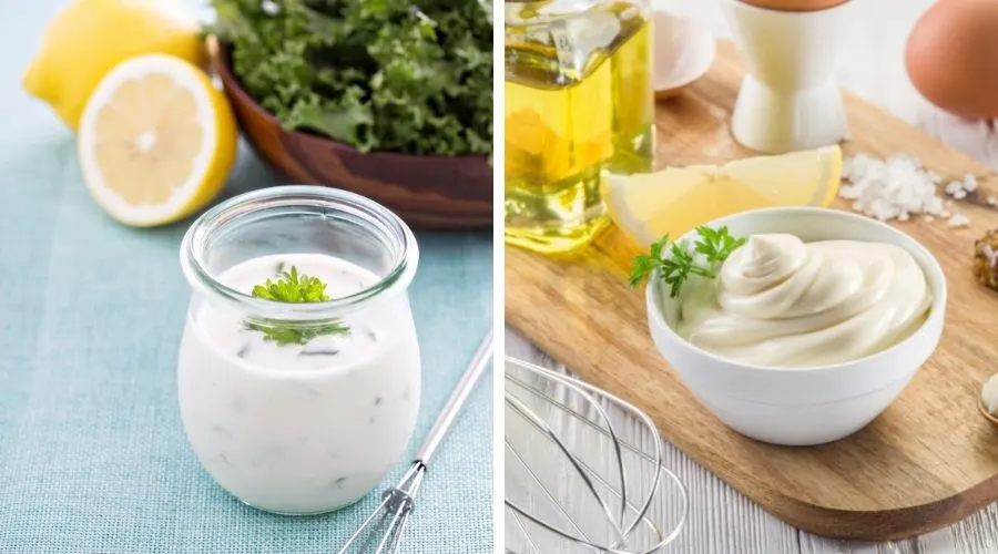 ranch dressing on the left and mayonnaise on the right to show the difference between the two