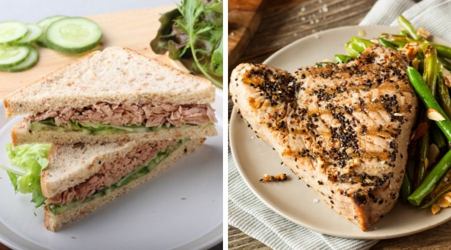 tuna sandwich on the left with canned tuna and fresh steak on the right to show difference