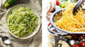 Zoodles on the left and pasta on the right to show the difference
