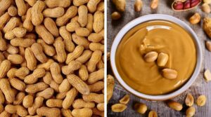 peanuts on the left and peanut butter on the right to show the difference between the two