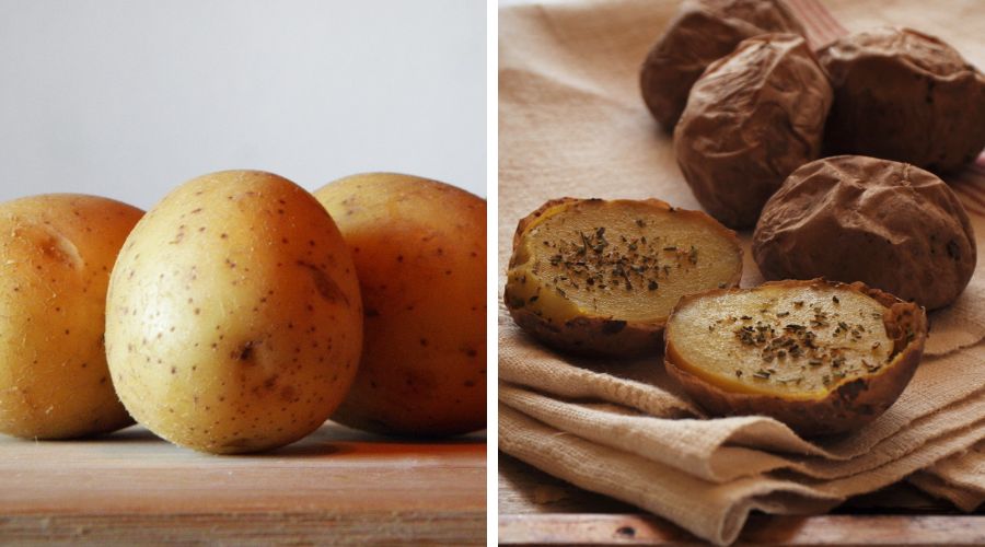 raw baking potatoes on the left and baked on the right to show the difference