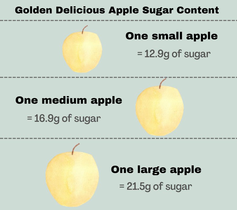 Infographic to show the sugar content of a small, medium and large golden delicious apple
