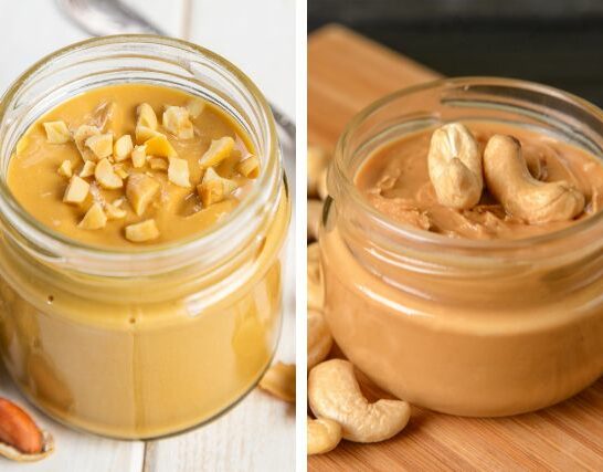 Glass jar of peanut butter next to a glass jar of cashew butter