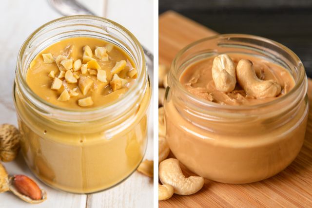 Glass jar of peanut butter next to a glass jar of cashew butter