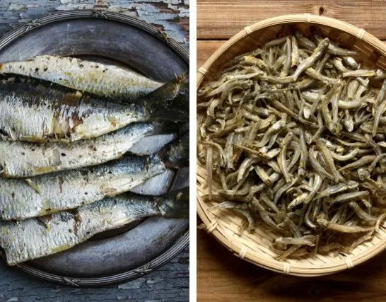A bowl of Sardines and a bowl of Anchovies