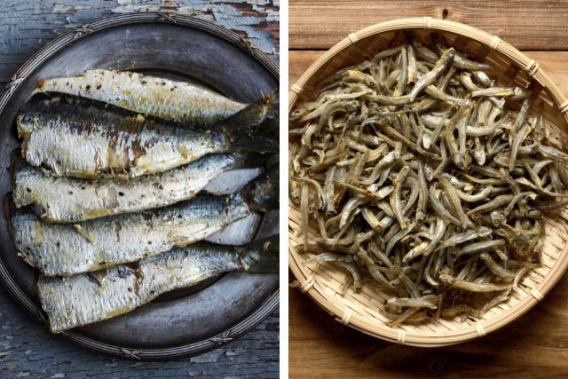 A bowl of Sardines and a bowl of Anchovies