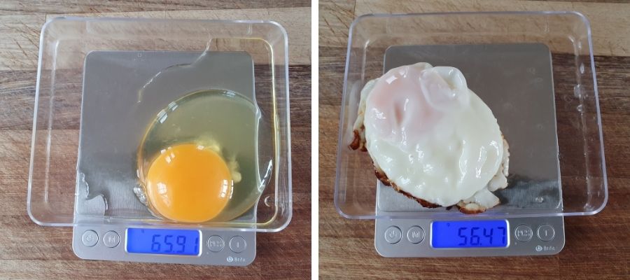 large fried egg before and after cooking