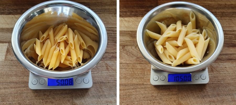 White Penne Pasta before and after cooking in weights