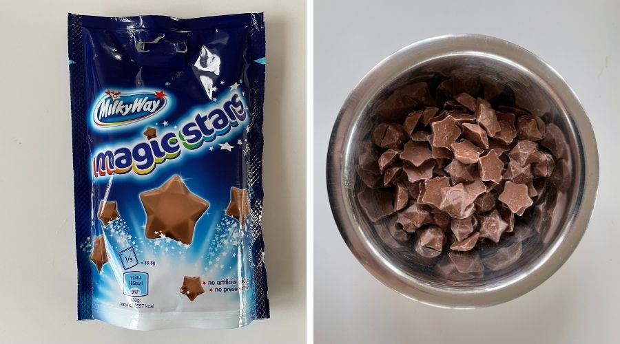 image to show a pack of milky way magic stars along with the pack emptied into a bowl