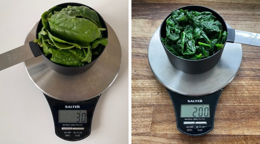 the weight of a cup of uncooked and cooked spinach