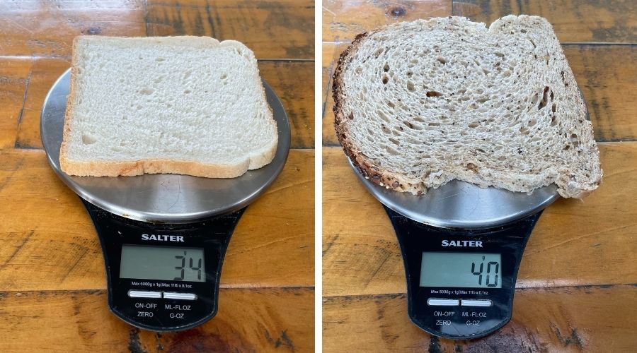 what a medium brown and white slice of bread looks like on a scale - ranging from 35g to 40g