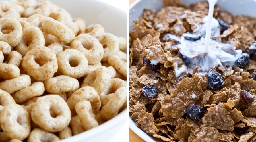 A bowl of Cheerios on the left and Raisin Bran on the right to show the difference between the two