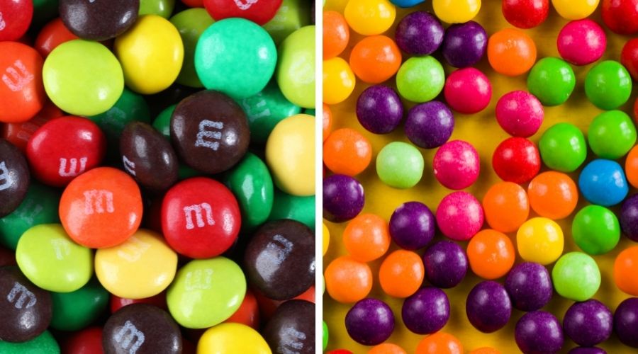 M&Ms on the left and skittles on the right to show the difference between the two