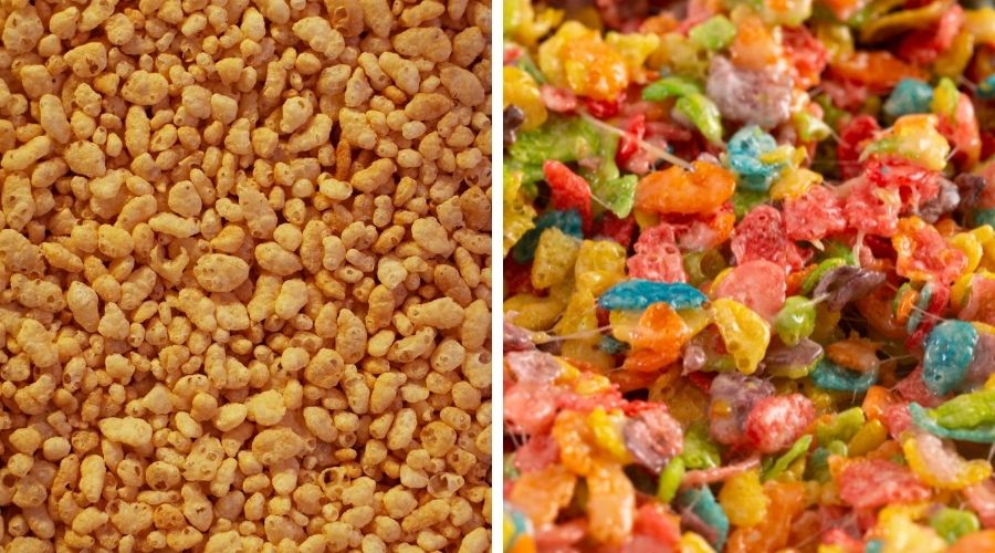 rice krispies on the left and fruity pebbles on the right to show the difference between the two