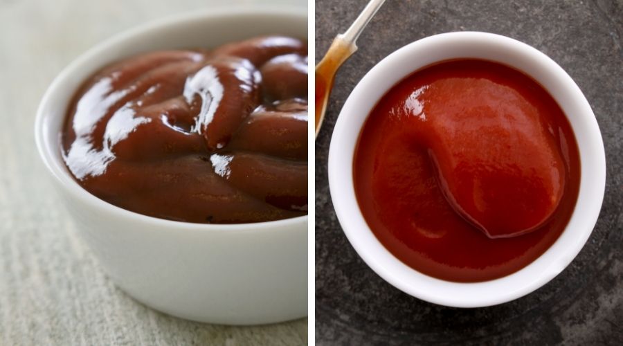 brown sauce in a small bowl on the left and ketchup on the right to show the difference between the two sauces