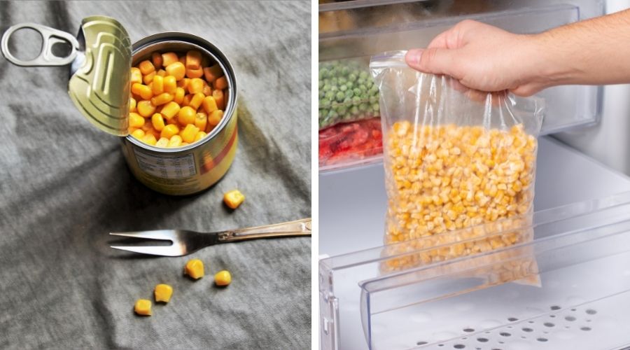 a can of corn on the left and frozen corn being lifted out of a freezer on the right to show the difference between the two.